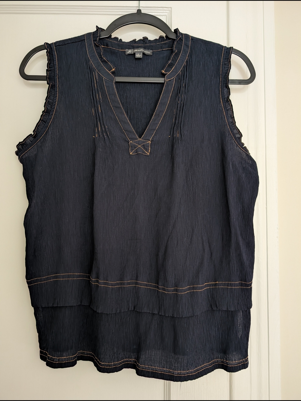 Adrianna Papell Navy Sleeveless Layered V-Neck Blouse with Contrast Stitching